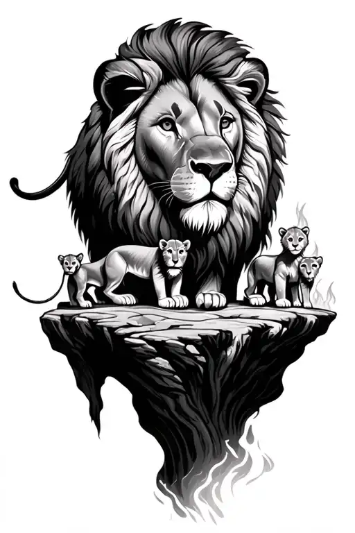 lion with 3 cubs on a cliff over looking fire tattoo design idea