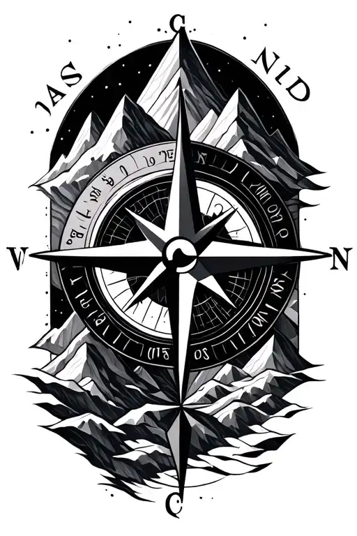 compass rose with intricate geometric mountains tattoo design idea