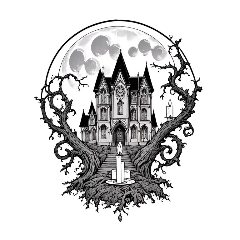 scrolls and candles from below, wood on the hill, on the background is a large Gothic mansion, and above a large moon tattoo design idea