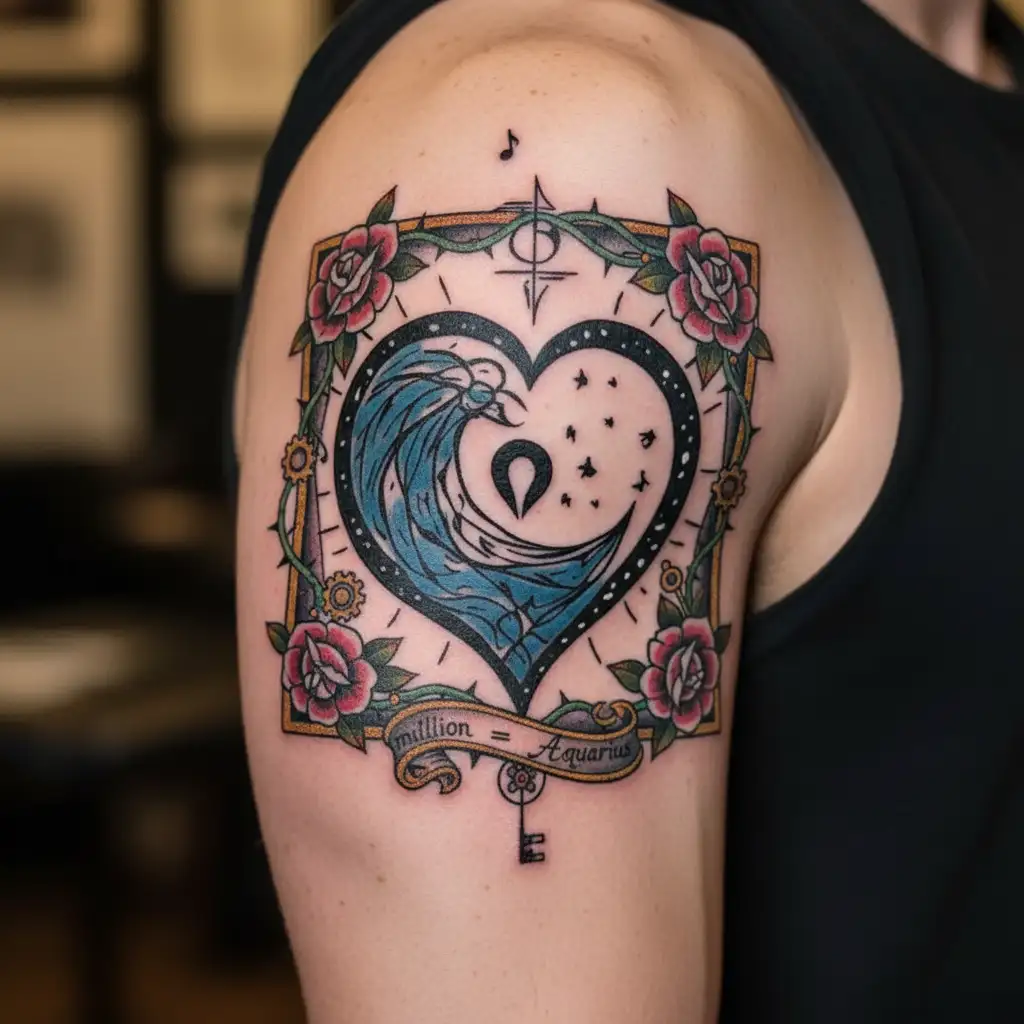 "a Million Moons🌛" Heart tattoo, with music notes and symbols intertwined, representing partnership between an Aries woman and Aquarius man tattoo design idea