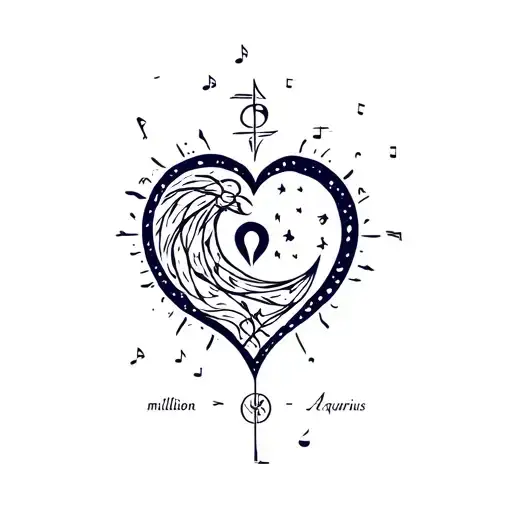 "a Million Moons🌛" Heart tattoo, with music notes and symbols intertwined, representing partnership between an Aries woman and Aquarius man tattoo design idea