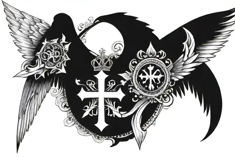 cross with wings and crown on the throat geosymtric tattoo design idea