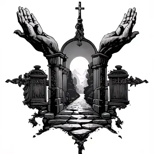Arm sleeve tattoo religious pathway, praying hands, gates tattoo design idea