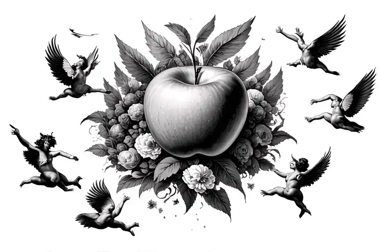Renaissance Picture. People that fly in the air and all look into the middle. In the middle is the eden apple  tattoo design idea