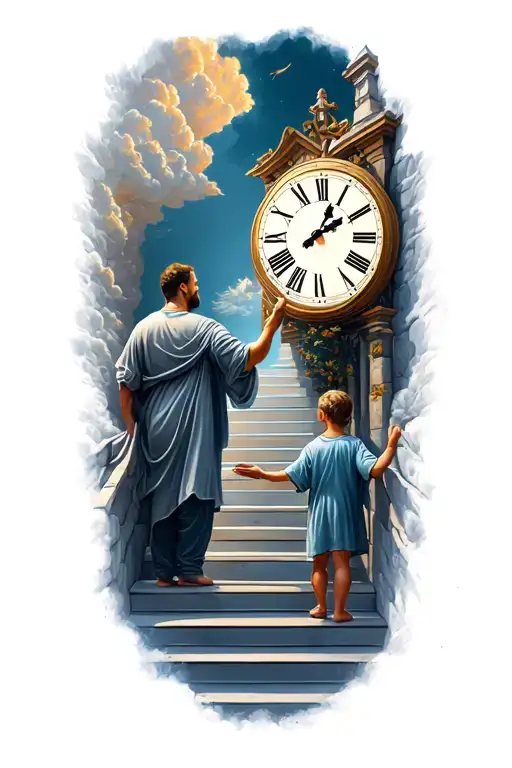 clock, stairs going into heaven, father and son holding hands tattoo design idea