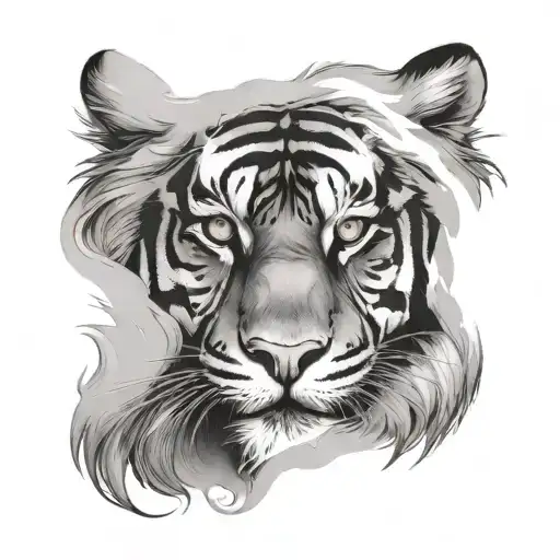 the face of a fluffy tiger with half the face bionic tattoo design idea