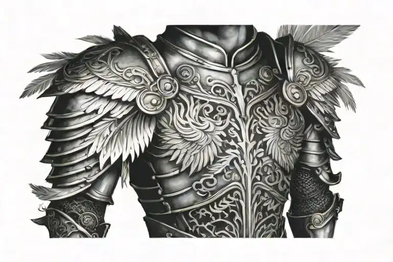 plate armor leading to feathers at the bottom tattoo design idea