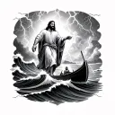 Jesus walking over the water in a sea with giant waves and lightning storms reaching out to a man in a boat tattoo design idea