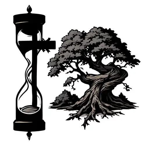 cross with tree wrapped on it and an hourglass tattoo tattoo design idea