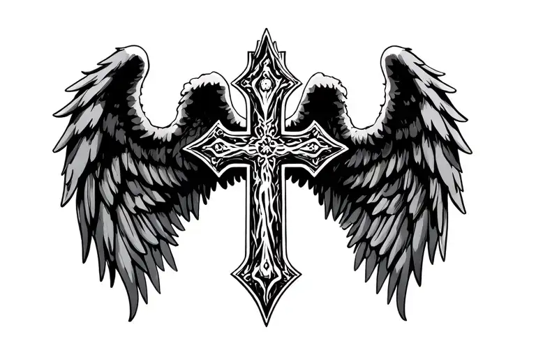 cross and angel wings spread wide tattoo design idea