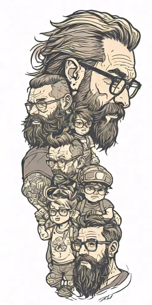 family representing a rugged loving woodworking bearded dad, creative silly woman with glasses, a shorthair toddler girl tattoo design idea