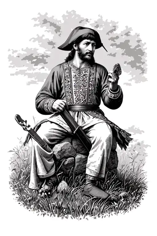 A Ukrainian Cossack in an embroidered shirt and with bangs on his head, sitting on a stone in a field and playing his pi tattoo design idea