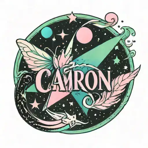 Cassiopeia stars in pastel pink, blue, and green, with the name Camron Jai written near in cursive tattoo design idea