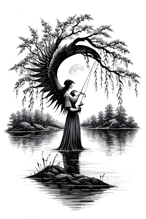 Pheonix, Crescent moon, willow tree over river with girl fishing  tattoo design idea