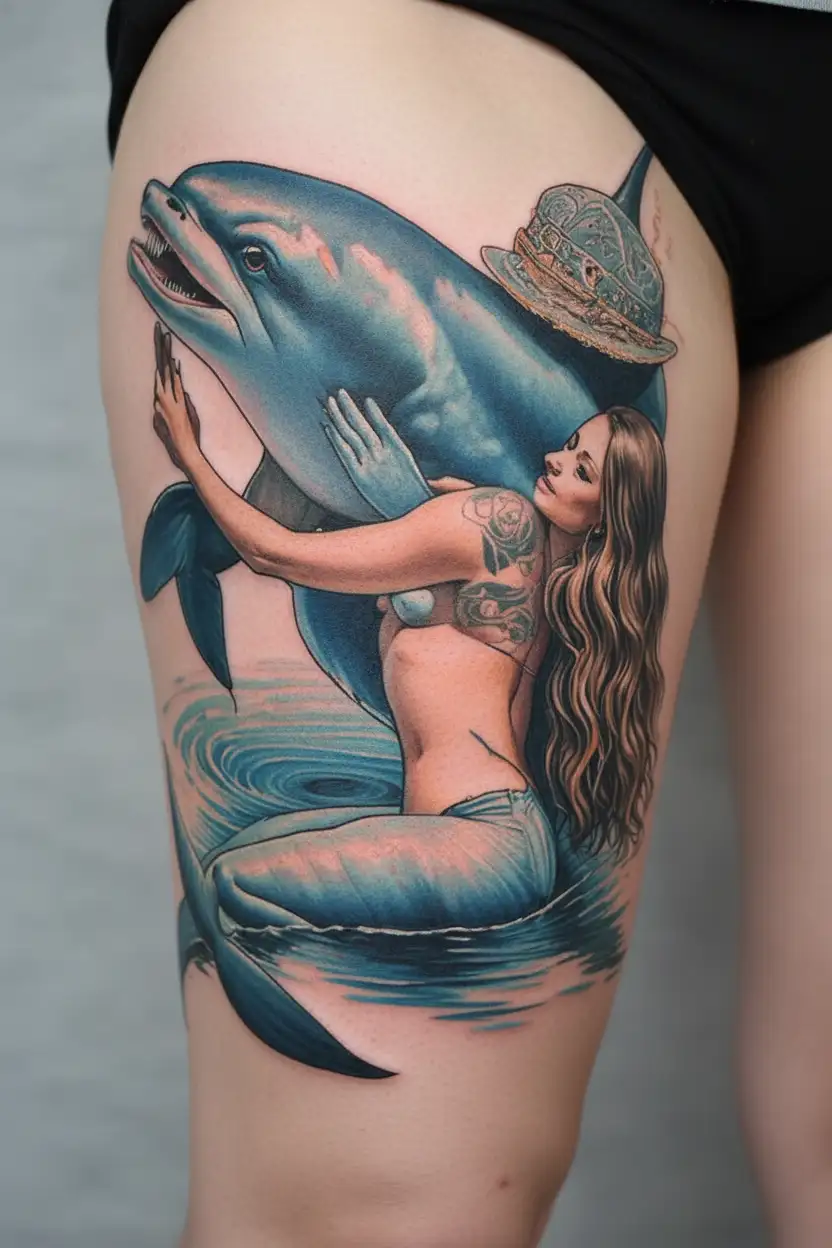 horny and creepy dolphin and a woman holding it tattoo design idea