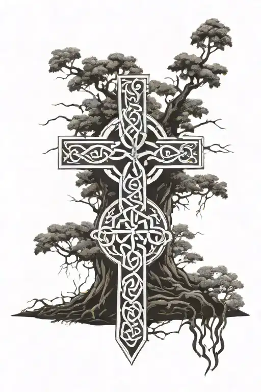 a celtic knot cross blending into the tree of life with a forest blackground in black and white sleeve tattoo design idea