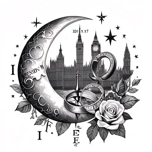 crescent moon, Aries & Libra stars, London skyline, intertwined rings, roses, compass, initials I & F, dates 22.01.17, 1 tattoo design idea