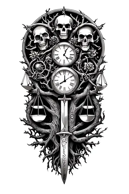 gothic tree of life intertwined with v-twin motor, libra scales and a clock, with skull and knife  tattoo design idea
