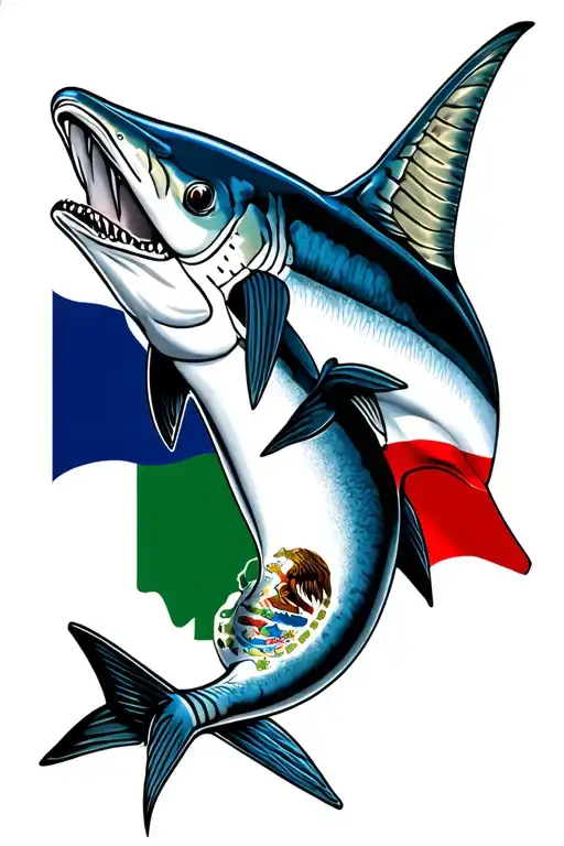  barracuda pointing upwards, with a sleek, silvery-black - white torpedo body, behind the Texas flag and Mexico flag  tattoo design idea