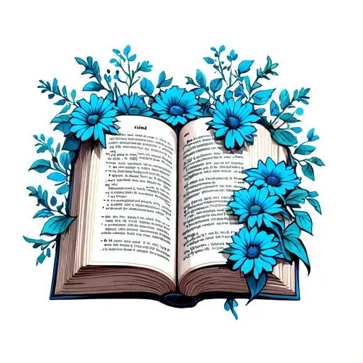 a open bible book surrounded by blue karrnations tattoo design idea