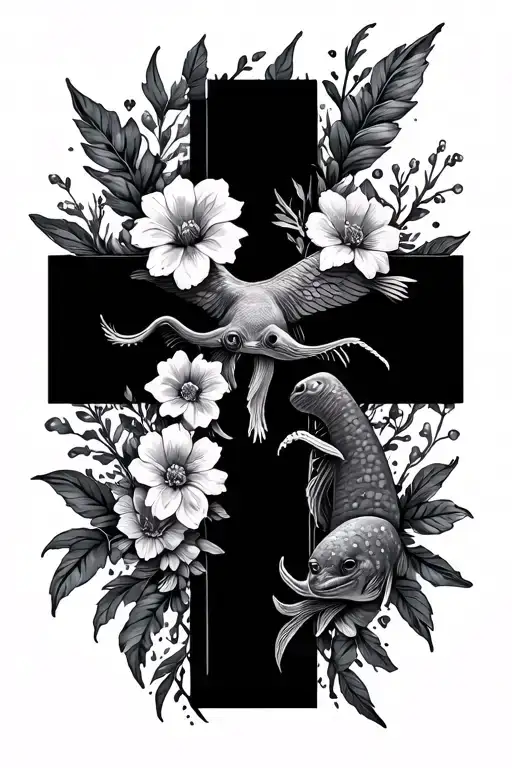 cross with flowers and sea animals tattoo design idea