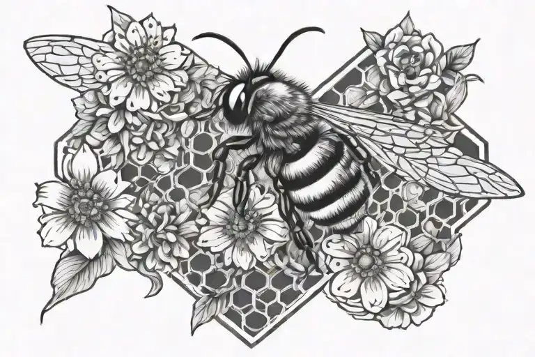 bee honeycomb pattern with bee flying and flowers tattoo design idea