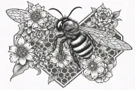 bee honeycomb pattern with bee flying and flowers tattoo design idea