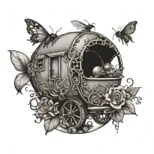 back of gypsy wagon with vines and flowers all around it and 3 bees inside a crystal ball tattoo design idea