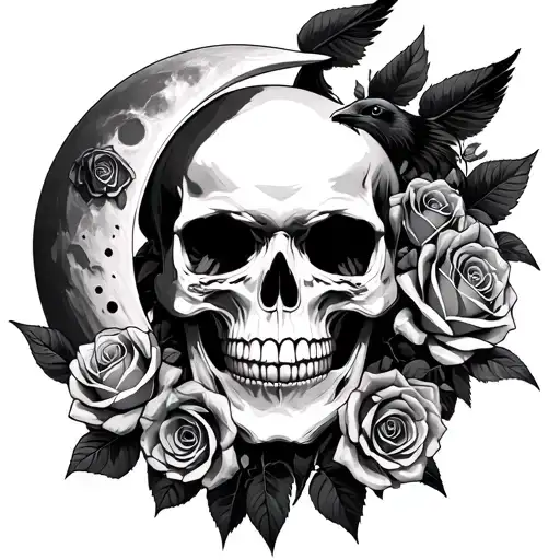 Skull, river of souls, moon, scythe, raven, roses growing tattoo design idea