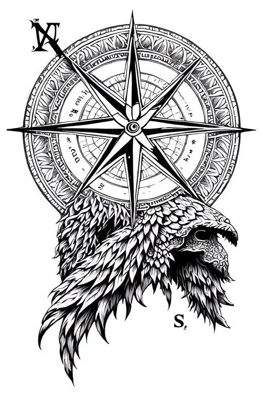 Full back tattoo design, Scandinavian Norse style, modern and philosophical, centered Vegvísir (Norse compass) as the ma tattoo design idea