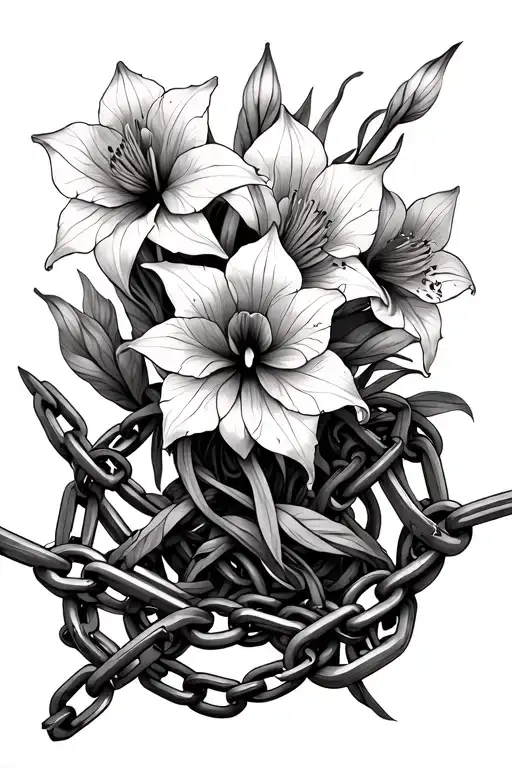 multiple cracked and broken chains with amaryllis flowers intertwined in the background tattoo design idea