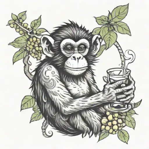 monkey having alcoholic drink hanging off tree tattoo design idea