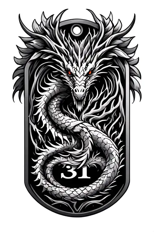 tribal, dragon, tree of life, army dog tags, military retirement 31 yeaars tattoo design idea
