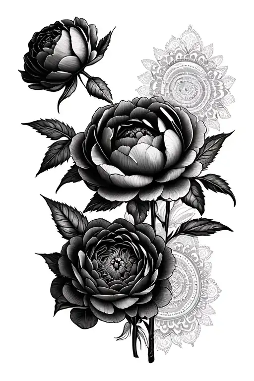 two peonies together and mandalas around it merging tattoo design idea