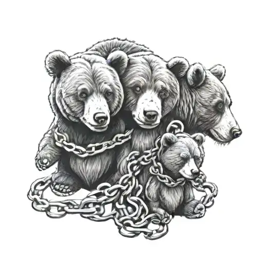 Realism tattoo of 3 bears with chains that have letters. Grandpa bear, mama bear, baby bear tattoo design idea