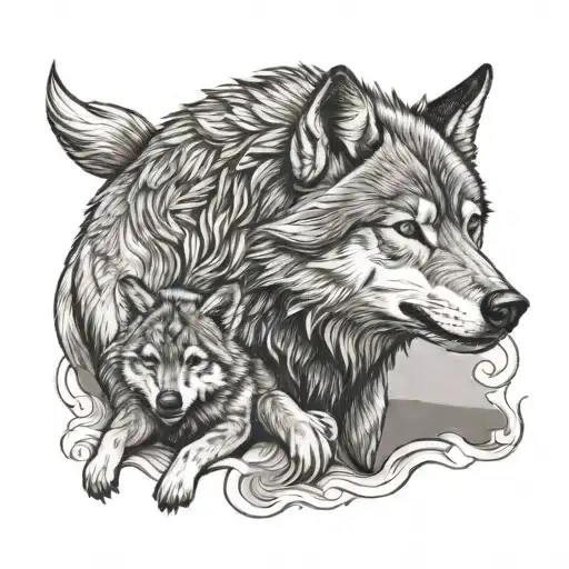 wolf protecting cub with looking menacing tattoo design idea