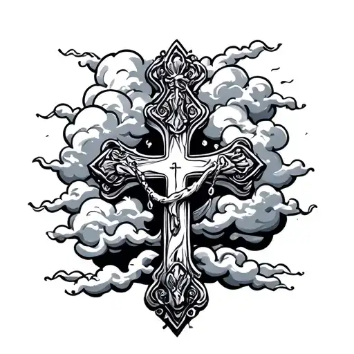 cross with clouds rosary wrapped tattoo design idea