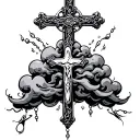 cross with clouds rosary wrapped tattoo design idea