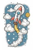 rocket flying in clouds with planets, stars, music notes flowing tattoo design idea