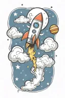 rocket flying in clouds with planets, stars, music notes flowing tattoo design idea