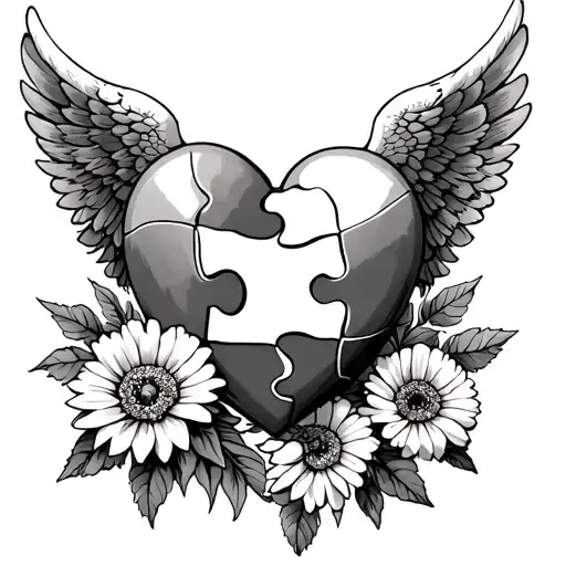 puzzle heart with missing piece with angel wings and a marigold wrapped around it tattoo design idea