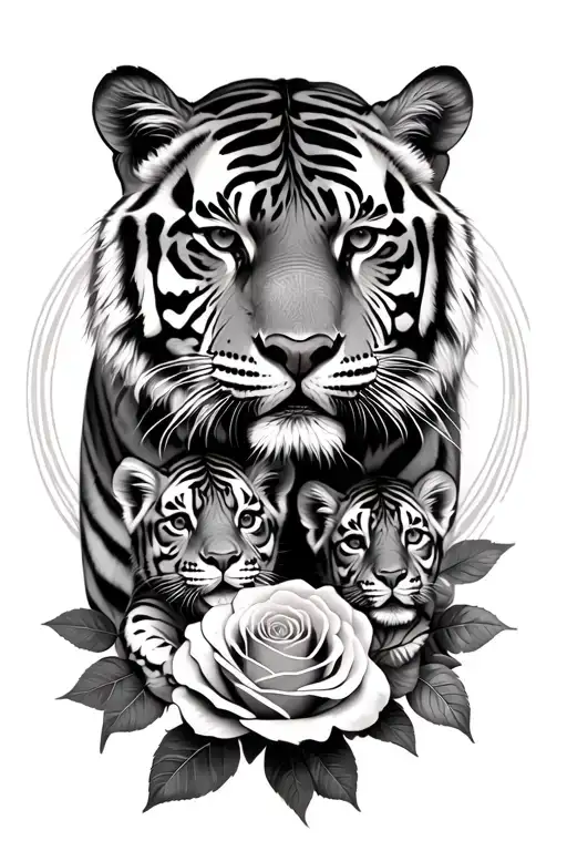 tiger and 2 cubs intertwined with roses tattoo design idea