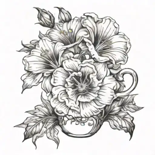 aster flower, morning glory flower, daisy, sweet pea flower, poppies, gladiolus flower and coffee mug tattoo design idea