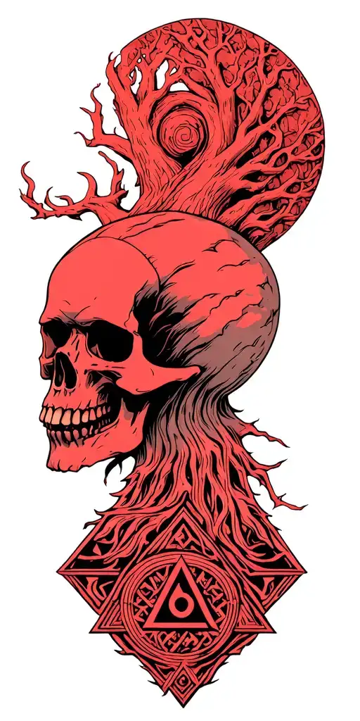 Massive Yggdrasil ; SKull With Aegishjalmur Symbol In The Background ; Valknut on the bottom tattoo design idea