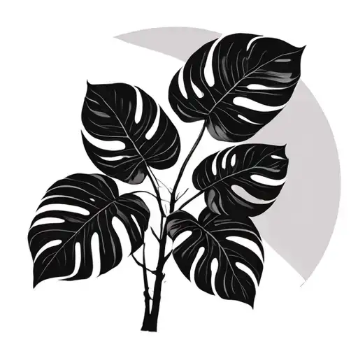 monstera and banana leaves with circle geometric background tattoo design idea