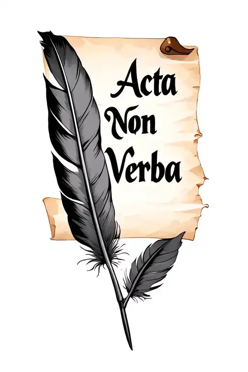 A minimalist design featuring a quill pen and parchment, with 'Acta Non Verba' elegantly scripted, symbolizing actions o tattoo design idea