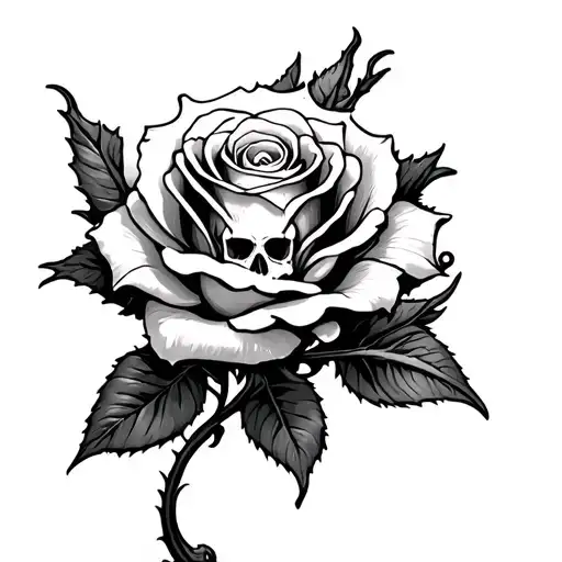 rose with a tiny skull in the center and a dragon as the stem tattoo design idea