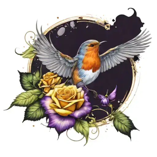 A robin holding a yellow rose while flying, purple butterflies surrounding them tattoo design idea
