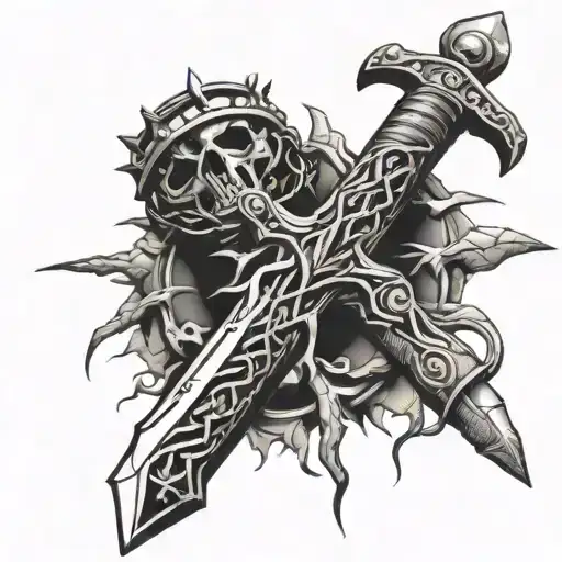 Sword with nails as the handle and a crown of thorns on top tattoo design idea