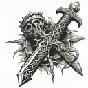 Sword with nails as the handle and a crown of thorns on top tattoo design idea